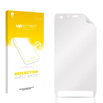 Parte frontal de un envase de producto con el logotipo de la marca upscreen. Al lado está el protector de pantalla correspondi