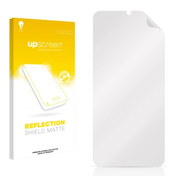 Parte frontal de un envase de producto con el logotipo de la marca upscreen. Al lado está el protector de pantalla correspondi