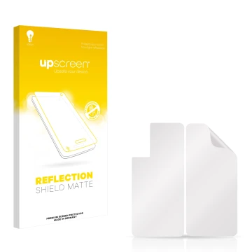Parte frontal de un envase de producto con el logotipo de la marca upscreen. Al lado está el protector de pantalla correspondi