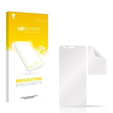 Parte frontal de un envase de producto con el logotipo de la marca upscreen. Al lado está el protector de pantalla correspondi