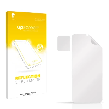 Parte frontal de un envase de producto con el logotipo de la marca upscreen. Al lado está el protector de pantalla correspondi