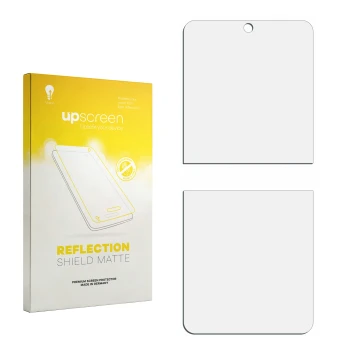 Parte frontal de un envase de producto con el logotipo de la marca upscreen. Al lado está el protector de pantalla correspondi