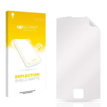 Parte frontal de un envase de producto con el logotipo de la marca upscreen. Al lado está el protector de pantalla correspondi