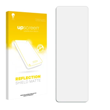 Parte frontal de un envase de producto con el logotipo de la marca upscreen. Al lado está el protector de pantalla correspondi