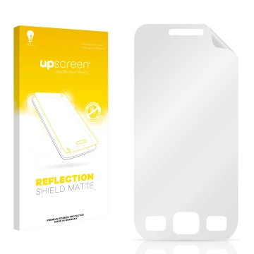 Parte frontal de un envase de producto con el logotipo de la marca upscreen. Al lado está el protector de pantalla correspondi