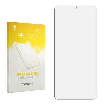 Parte frontal de un envase de producto con el logotipo de la marca upscreen. Al lado está el protector de pantalla correspondi