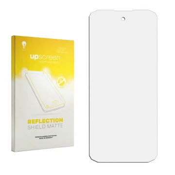 Parte frontal de un envase de producto con el logotipo de la marca upscreen. Al lado está el protector de pantalla correspondi