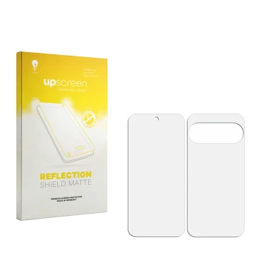 Parte frontal de un envase de producto con el logotipo de la marca upscreen. Al lado está el protector de pantalla correspondi