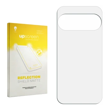 Parte frontal de un envase de producto con el logotipo de la marca upscreen. Al lado está el protector de pantalla correspondi