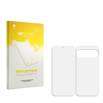 Parte frontal de un envase de producto con el logotipo de la marca upscreen. Al lado está el protector de pantalla correspondi