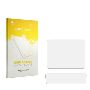 Parte frontal de un envase de producto con el logotipo de la marca upscreen. Al lado está el protector de pantalla correspondi