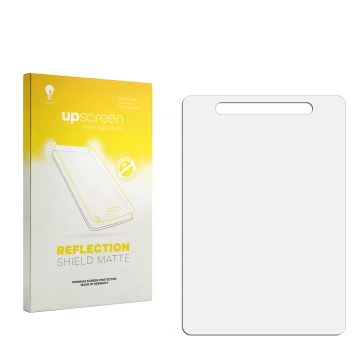 Parte frontal de un envase de producto con el logotipo de la marca upscreen. Al lado está el protector de pantalla correspondi