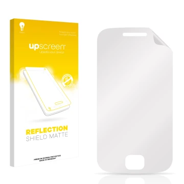 Parte frontal de un envase de producto con el logotipo de la marca upscreen. Al lado está el protector de pantalla correspondi