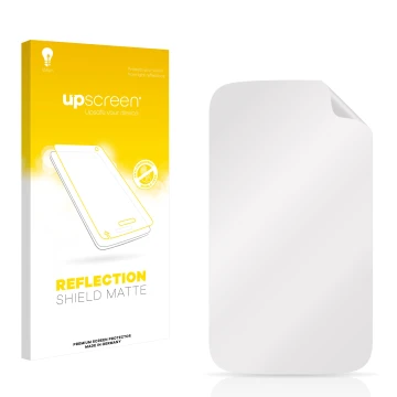 Parte frontal de un envase de producto con el logotipo de la marca upscreen. Al lado está el protector de pantalla correspondi