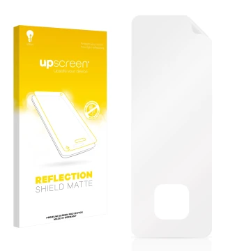 Parte frontal de un envase de producto con el logotipo de la marca upscreen. Al lado está el protector de pantalla correspondi