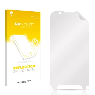 Parte frontal de un envase de producto con el logotipo de la marca upscreen. Al lado está el protector de pantalla correspondi