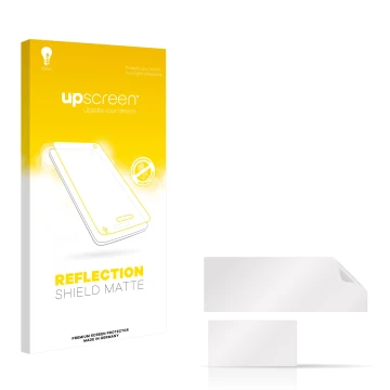 Parte frontal de un envase de producto con el logotipo de la marca upscreen. Al lado está el protector de pantalla correspondi