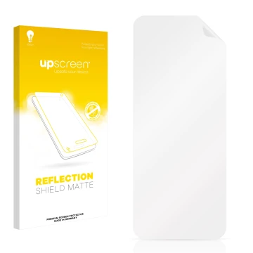 Parte frontal de un envase de producto con el logotipo de la marca upscreen. Al lado está el protector de pantalla correspondi