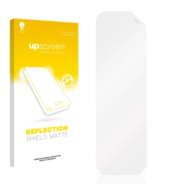 Parte frontal de un envase de producto con el logotipo de la marca upscreen. Al lado está el protector de pantalla correspondi