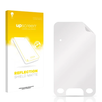 Parte frontal de un envase de producto con el logotipo de la marca upscreen. Al lado está el protector de pantalla correspondi