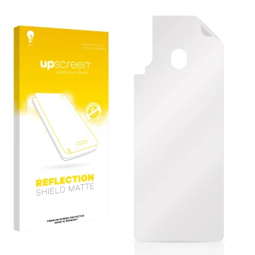 Parte frontal de un envase de producto con el logotipo de la marca upscreen. Al lado está el protector de pantalla correspondi