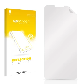Parte frontal de un envase de producto con el logotipo de la marca upscreen. Al lado está el protector de pantalla correspondi