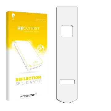 Parte frontal de un envase de producto con el logotipo de la marca upscreen. Al lado está el protector de pantalla correspondi