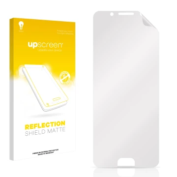 Parte frontal de un envase de producto con el logotipo de la marca upscreen. Al lado está el protector de pantalla correspondi