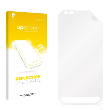 Parte frontal de un envase de producto con el logotipo de la marca upscreen. Al lado está el protector de pantalla correspondi