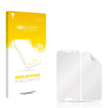 Parte frontal de un envase de producto con el logotipo de la marca upscreen. Al lado está el protector de pantalla correspondi