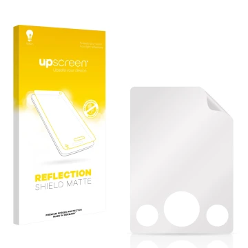 Parte frontal de un envase de producto con el logotipo de la marca upscreen. Al lado está el protector de pantalla correspondi