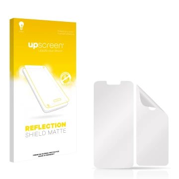 Parte frontal de un envase de producto con el logotipo de la marca upscreen. Al lado está el protector de pantalla correspondi
