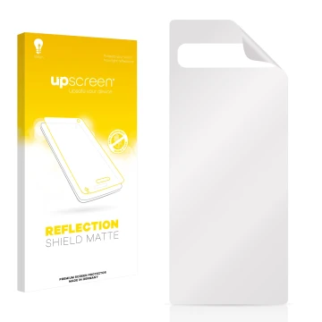 Parte frontal de un envase de producto con el logotipo de la marca upscreen. Al lado está el protector de pantalla correspondi