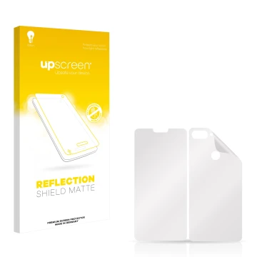 Parte frontal de un envase de producto con el logotipo de la marca upscreen. Al lado está el protector de pantalla correspondi