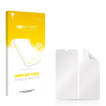 Parte frontal de un envase de producto con el logotipo de la marca upscreen. Al lado está el protector de pantalla correspondi