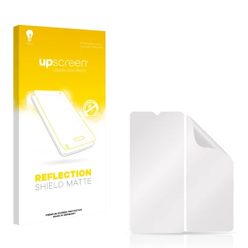 Parte frontal de un envase de producto con el logotipo de la marca upscreen. Al lado está el protector de pantalla correspondi