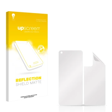 Parte frontal de un envase de producto con el logotipo de la marca upscreen. Al lado está el protector de pantalla correspondi