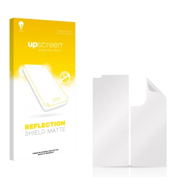 Parte frontal de un envase de producto con el logotipo de la marca upscreen. Al lado está el protector de pantalla correspondi