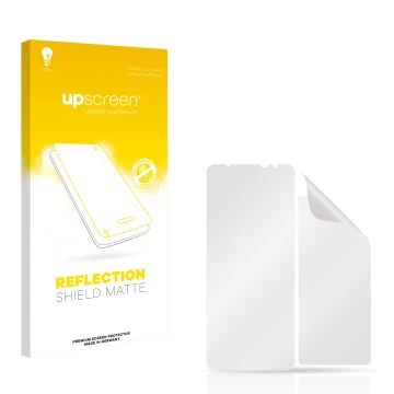 Parte frontal de un envase de producto con el logotipo de la marca upscreen. Al lado está el protector de pantalla correspondi