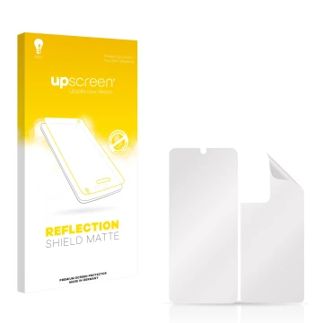 Parte frontal de un envase de producto con el logotipo de la marca upscreen. Al lado está el protector de pantalla correspondi