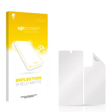 Parte frontal de un envase de producto con el logotipo de la marca upscreen. Al lado está el protector de pantalla correspondi