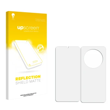 Parte frontal de un envase de producto con el logotipo de la marca upscreen. Al lado está el protector de pantalla correspondi