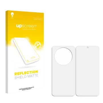Parte frontal de un envase de producto con el logotipo de la marca upscreen. Al lado está el protector de pantalla correspondi