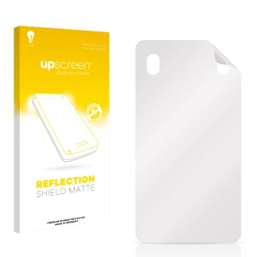 Parte frontal de un envase de producto con el logotipo de la marca upscreen. Al lado está el protector de pantalla correspondi