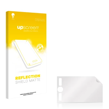 Parte frontal de un envase de producto con el logotipo de la marca upscreen. Al lado está el protector de pantalla correspondi