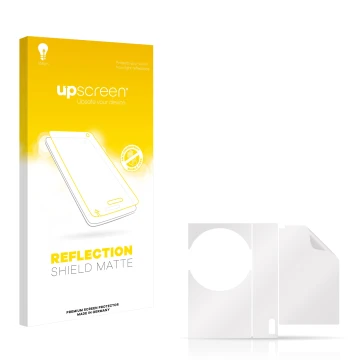 Parte frontal de un envase de producto con el logotipo de la marca upscreen. Al lado está el protector de pantalla correspondi