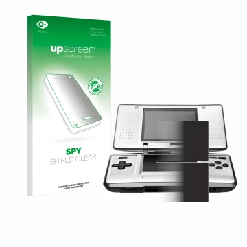 Parte frontal de un envase de producto con el logotipo de la marca upscreen. Al lado se muestra el dispositivo Nintendo DS con