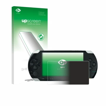 Parte frontal de un envase de producto con el logotipo de la marca upscreen. Al lado se muestra el dispositivo Sony PSP 1000 c