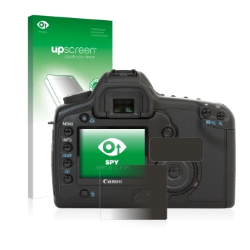 Parte frontal de un envase de producto con el logotipo de la marca upscreen. Al lado se muestra el dispositivo Canon EOS 5D co