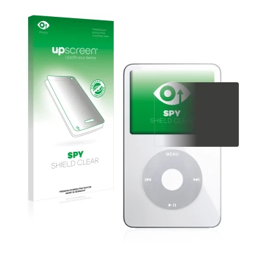 Parte frontal de un envase de producto con el logotipo de la marca upscreen. Al lado se muestra el dispositivo Apple iPod clas